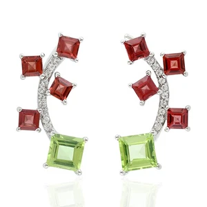 Beautiful Garnet Peridot & White Topaz Ear Climber 925 Silver Perfect Styli Gift - Picture 1 of 6