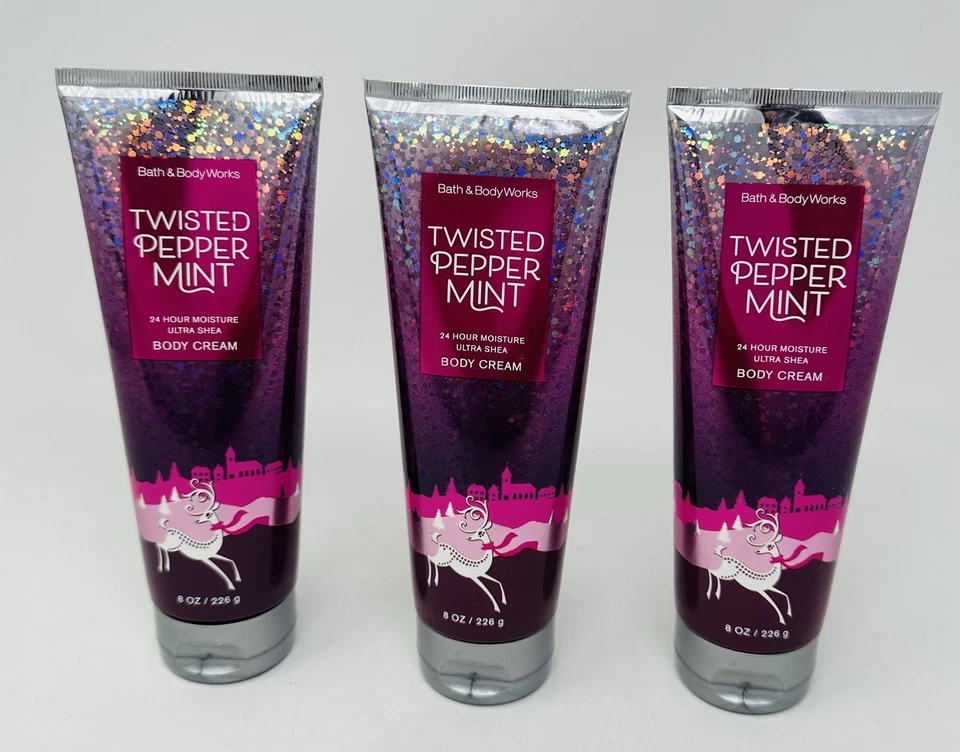 3 BATH & BODY WORKS TWISTED PEPPERMINT 24 HOUR MOISTURE BODY CREAM 8OZ - Image 1 of 1