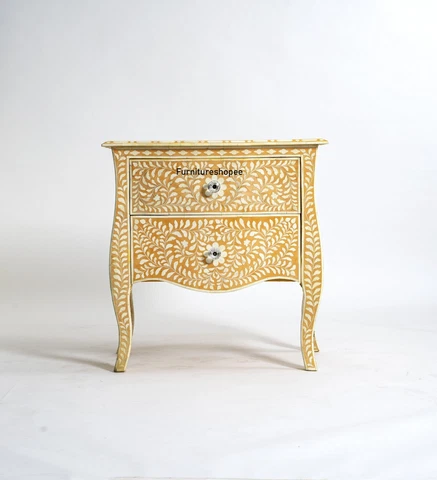 Antique Indian handmade yellow Curved Shape Sideboard Bone Inlay Buffets Cover