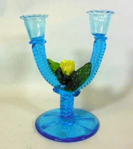 Vintage Venetian MURANO ART GLASS Candle Holder Turquoise Aqua Flower Leaves - Picture 1 of 9