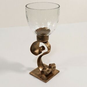 Antiqued Bronze & Glass Pedestal Tea Light Candle Holder T-Lite Ribbon Tuscan