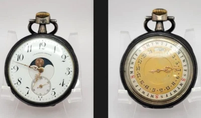 Antique Swiss Calendrier Brevet Calendar Moon Phase Pocket Watch AS IS work slow - Image 1 of 4
