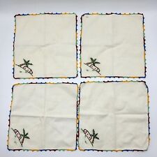 Set Of 4 Vintage Embroidered Linen Napkins Jerusalem Palm Tree Crochet Edging