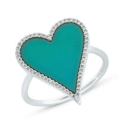 14K Oro Blanco Corazón Turquesa Diamante Ring Natural 1.93 TCW Día San Valentín - Imagen 1 de 3