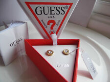 GUESS LOGO YELLOW GOLD PLATED STEEL CRYSTAL STUD EARRINGS BNWT CERTIFICATE BOXED