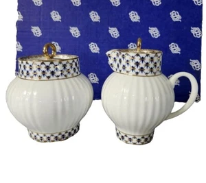 Lomonossow Porzellan Kobaltnetz Bone China Zucker Sahnedose Keksschale Russland - Bild 1 von 10