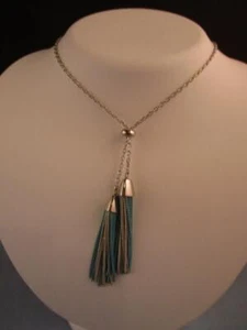 NWOT Kenneth Cole Turquoise Silver Long Tassel Necklace Liquid Silver Retail $40 - Picture 1 of 3