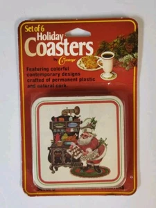 Santa Cooking Christmas Coasters Set Lot 6 Vtg 80s Holiday, Cork - Picture 1 of 10