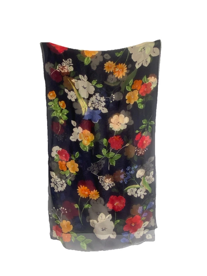ANN TAYLOR黑色花卉真丝女式围巾60英寸/17英寸EX CON — 第 1/3 张图片