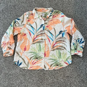 CHICO’S 3.5 XL 18 100% Linen No Iron Floral Sina Top Watercolor Roll Up Sleeve - Picture 1 of 8