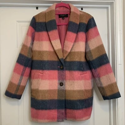Abrigo Ann Taylor Mezcla Lana Rosa y Azul Cepillado Cuadros Boucle Cocoon Talla S/P Foto 1 de 4