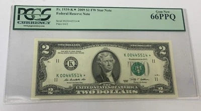 2009 $2 FRN *Star Note* PCGS 66 PPQ Fr 1939K* (K* Block) Low Serial Number - Image 1 of 4