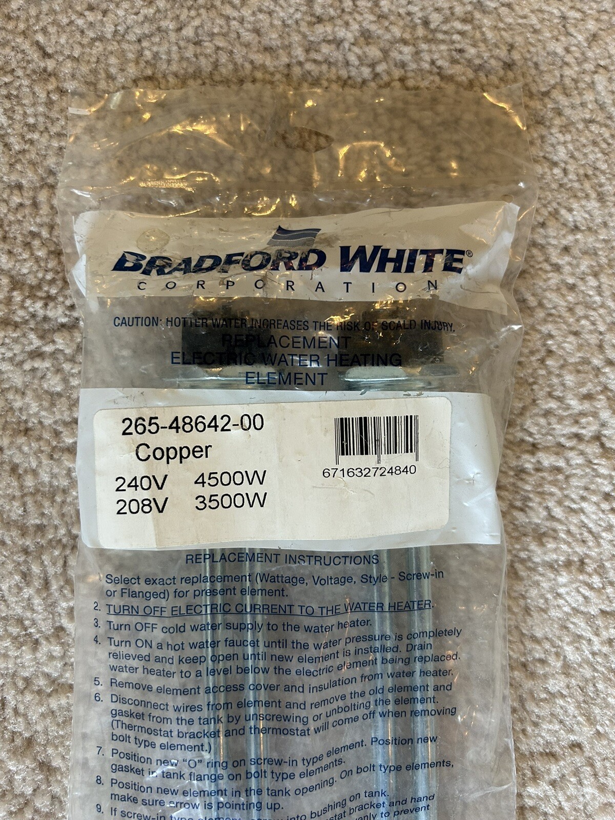 NEW Bradford White Replacement Electric Water Heater Elements 265-48642-00,  240V | eBay