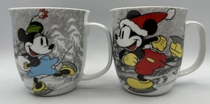Pair Disney Ceramic Mugs Ice Skating Mickey & Jolly Minnie HAPPY Mickey - Picture 1 of 5