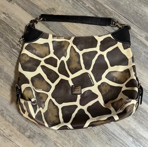 Dooney & Bourke Giraffe Purse Vtg Ivory Brown Leather Print Large Hobo Shoulder - Picture 1 of 15