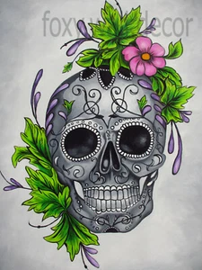 Framed Canvas Print wall decor skull art street wall stencil flower - Picture 1 of 2