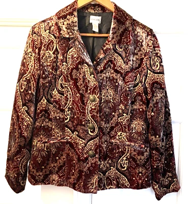 Chaqueta Blazer CHICO'S Terciopelo Mezcla Seda Borgoña Dorado Lentejuelas Talla 1 Pequeña Foto 1 de 4
