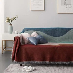 Reversible Knitted Patchwork Color Couch Cover Woven Decor Blanket Sofa Covers f - Picture 1 of 9
