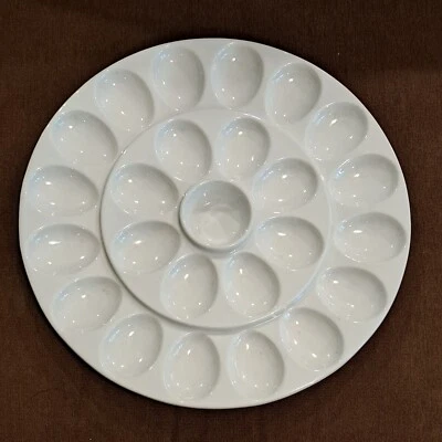 Crate & Barrel 13" Deviled Egg Platter 24 Count White Porcelain - Image 1 of 2