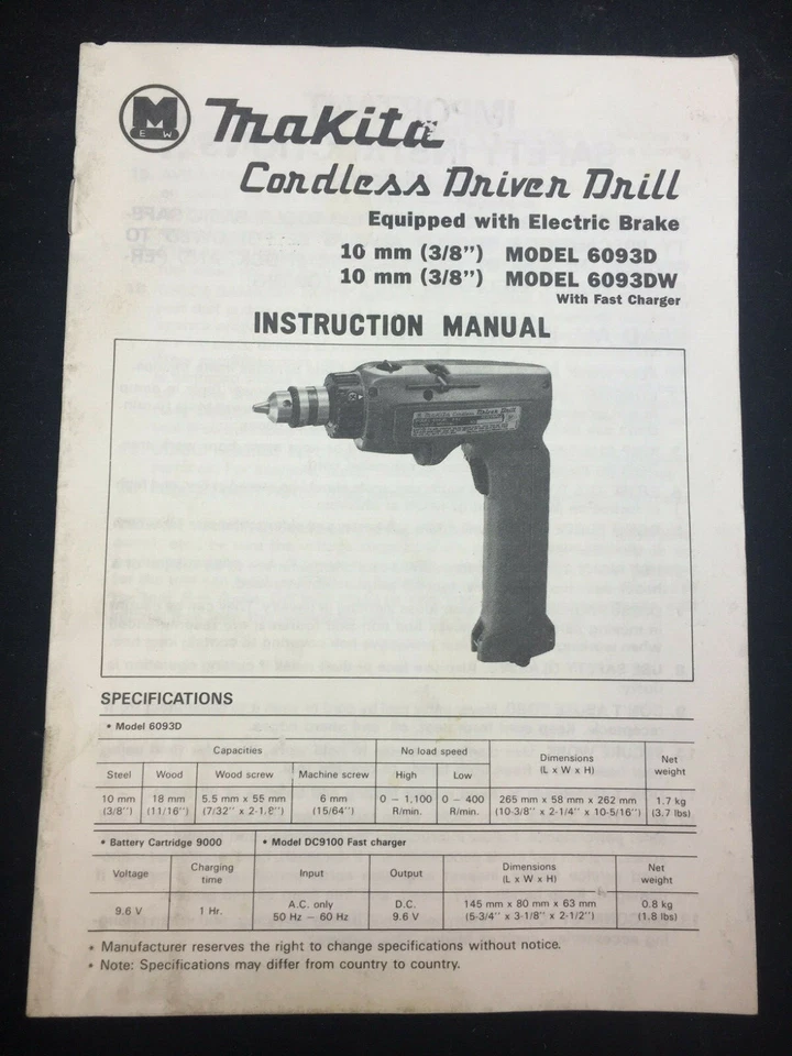 VINTAGE 1989 MAKITA CORDLESS DRIVER DRILL OWNER'S MANUAL MODELS 6093D, 6093DW - Image 1 of 1