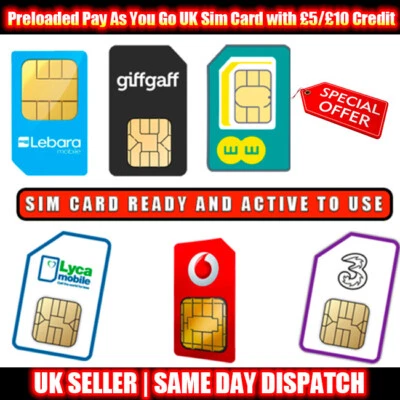 Pay As You Go UK Sim Card with £5 £10 Credit For EE O2 Lyca Three Lebara - Image 1 of 4