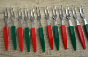 Vintage 12er Set Vorspeise Cocktail Gabeln Edelstahl Weihnachten Grün & Rot - Bild 1 von 6