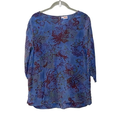 Vtg Tianello Silk 3/4 Sleeve Floral Blouse Blue Washable Boho Cottage Cailin - Image 1 of 4