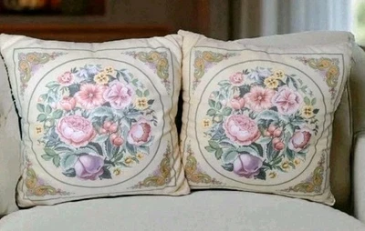 Pair Handmade Paisley Floral Reversible Throw Pillows 16 x 16 Cottagcore Shabby - Image 1 of 4
