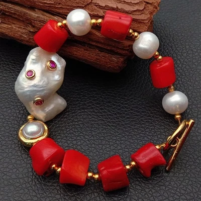 Brazalete Conector 8" Rojo Coral Blanco Perla Keshi Perla Cz Pavé Foto 1 de 4