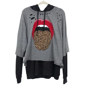 Sudadera con Capucha Lauren Moshi Lengua Leopardo Envejecida Mujer Grande Gris Negra - Imagen 1 de 8