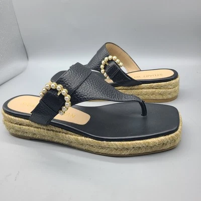 Sandalias de cuña Stuart Weitzman alpargata negra perla plataforma tanga talla 9,5 nuevas Foto 1 de 4