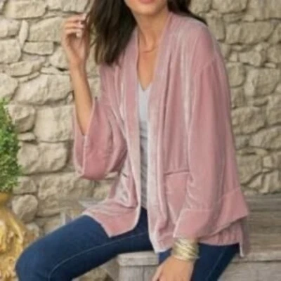 Kimono Soft Surroundings Terciopelo Frente Abierto Mezcla Seda Talla Grande Mangas 1X 3/4 Foto 1 de 4