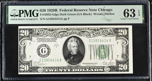 1928 B $20 Dollar Federal Reserve Note Chicago FR#2052-G Dark Green PMG 63 EPQ - Picture 1 of 2