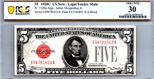 $5 1928-C Legal Tender Red Seal "MULE" PCGS 30 Very Fine Fr. 1528m - Picture 1 of 3