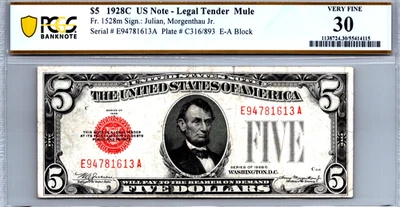 $5 1928-C Legal Tender Red Seal "MULE" PCGS 30 Very Fine Fr. 1528m - Image 1 of 3