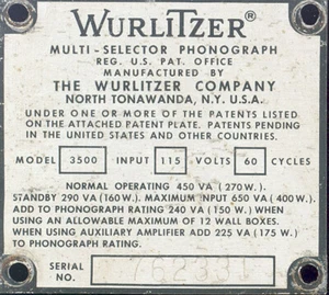 Wurlitzer 3500 # 762331 serial number identification plate or tag - Picture 1 of 1