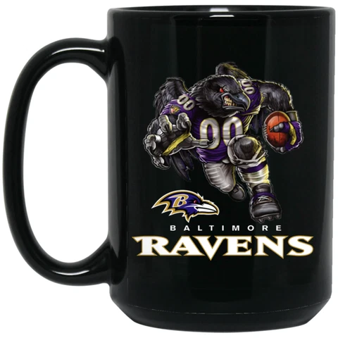 Baltimore Ravens Poe Logo Player Mascot Black 15 oz Ceramic Coffee Mug Cup Cover