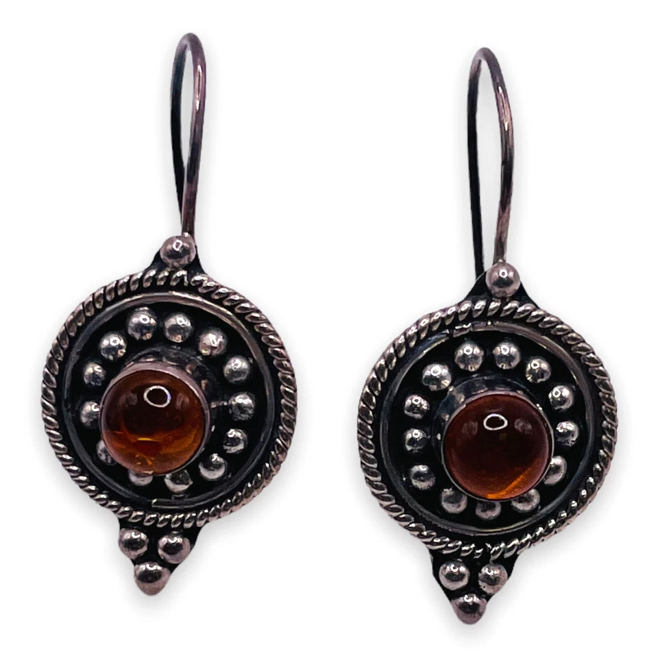 Natural Baltic Amber 925 Sterling Silver Hook Bali Drop Earrings Vintage - Image 1 of 4