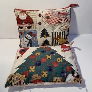 Vtg Christmas Patchwork 2 Pillows 8"X11" Santa Angel Snowman Tree Buttons Beads - Picture 1 of 14