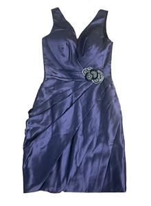 Purple Satin Cocktail Dress Semi Formal Rhinestone Waist Gathered Skirt V Neck - Picture 1 of 13