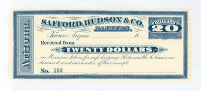 1800's $20 Safford, Hudson & Co. Bankers - Tuscon, ARIZONA Bank Receipt CU - Image 1 of 2