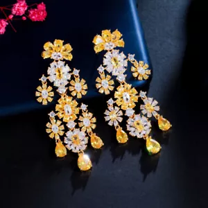 Statement Flower Chandelier Dangle Drop Yellow CZ Long Wedding Earring for Bride - Picture 1 of 9