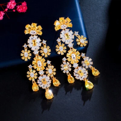 Declaración Flor Araña Cuelga Gota Amarilla Circonita Larga Pendiente de Boda para Novia Foto 1 de 4