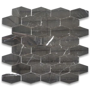 N30XP Nero Marquina Black Marble Elongated Hexagon Mosaic Tile Polished - Picture 1 of 5