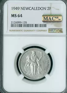 1948 NEW CALEDON 2 Franc Raised Rim NGC MS 64 MAC SPOTLESS TOP POP * - Picture 1 of 2
