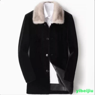 Men's Mink Fur Collar Mid Long Coats Sheep Shearling Wool Leather Winter Clothes - Image 1 of 4
