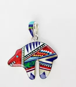 Reversible Multicolor Turquoise Opal Lapiz Channel Inlay 925 Silver Bear Pendant - Picture 1 of 3