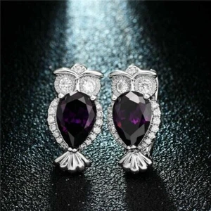 2Ct Pear Cut Lab-Created Amethyst Owl Halo Stud Earrings 14K White Gold Plated - Picture 1 of 6