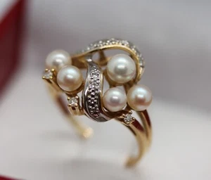 bague diamants perles de culture du JAPON? or jaune 18 carats 750 - Foto 1 di 9