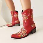 Women's Cowgirl Cowboy Boots Printed Short Booties Chunky Mid Heel Western Shoes